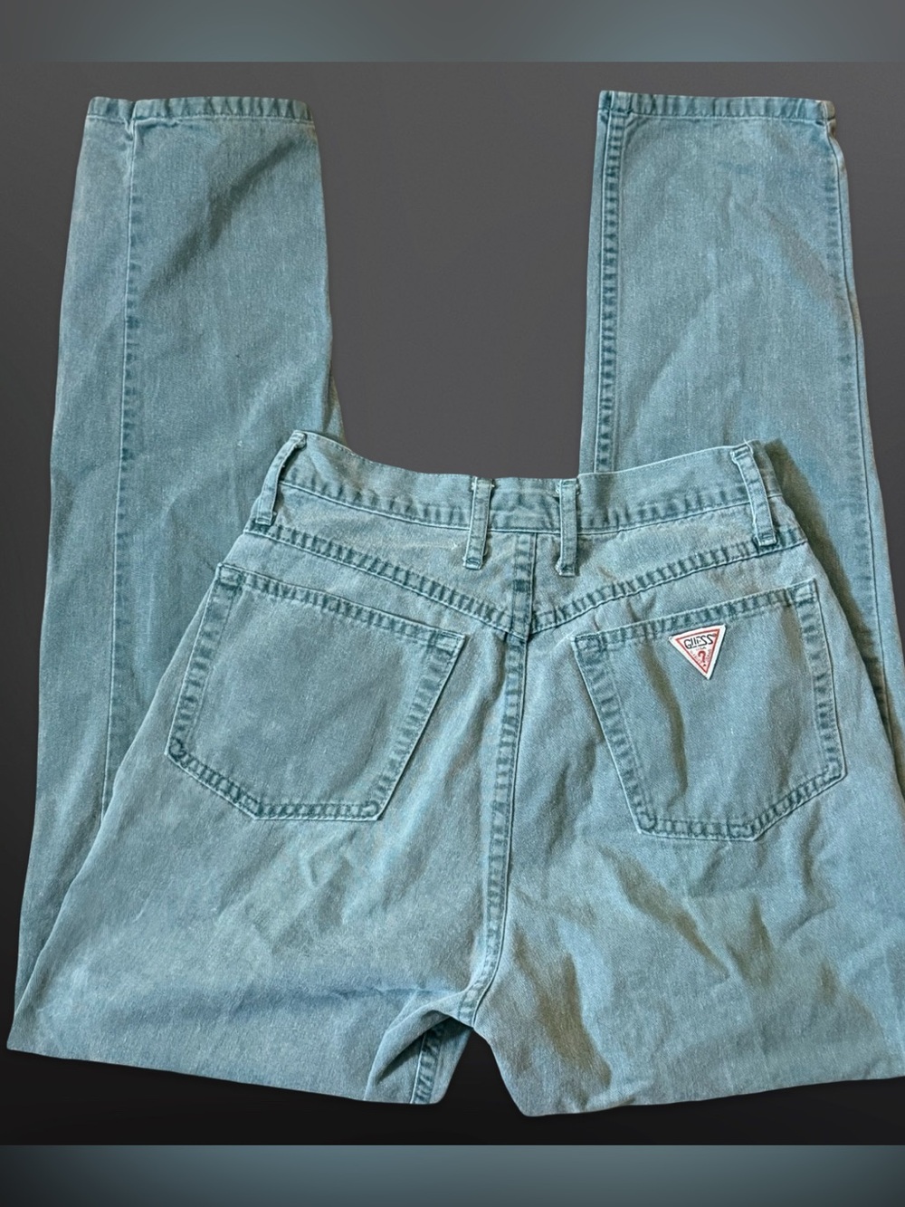 Vintage 1980s GUESS High Rise Jeans Sage Green Made in USA Red Triangle Logo Sz